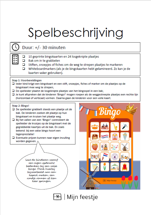 Koningsdag bingo spelbeschrijving